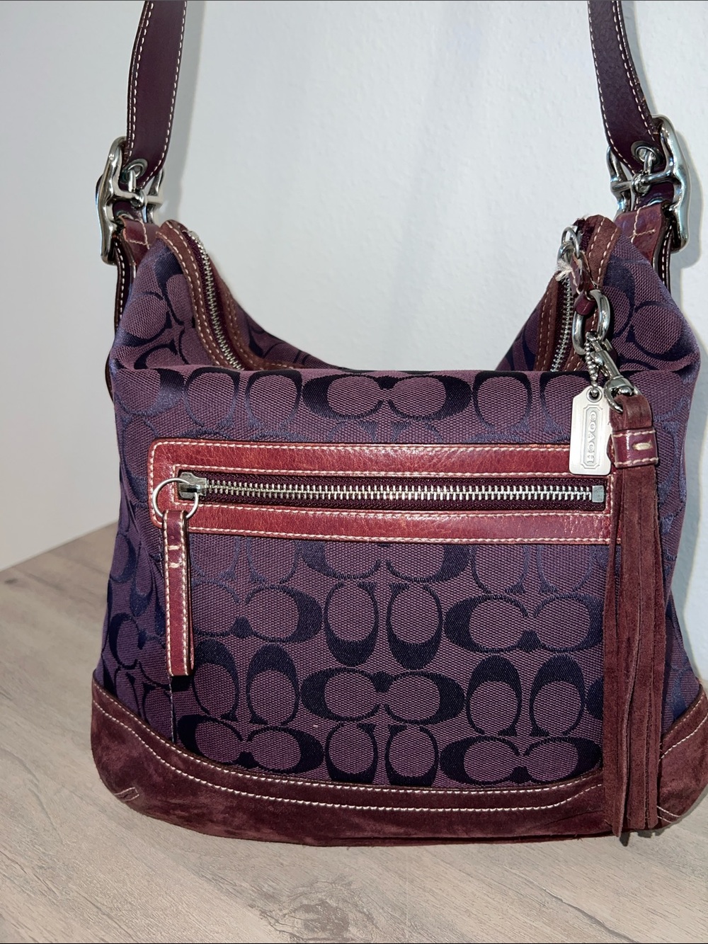 Vintage Coach Plum Signature Jacquard Shoulder Bag with Suede Trim